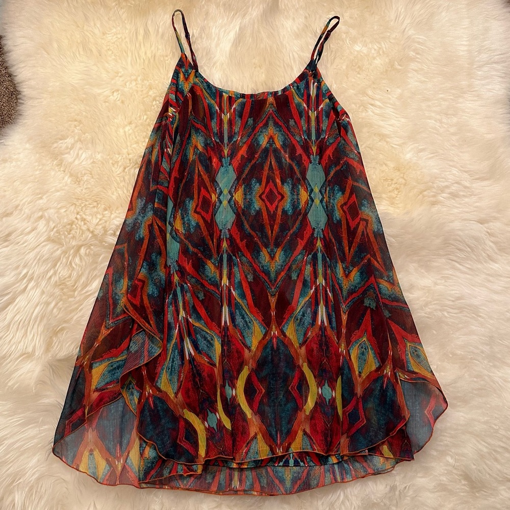 Alice + Olivia Chiffon Button Tribal Chiffon Spaghetti Strap Mini Dress - Picture 3 of 9